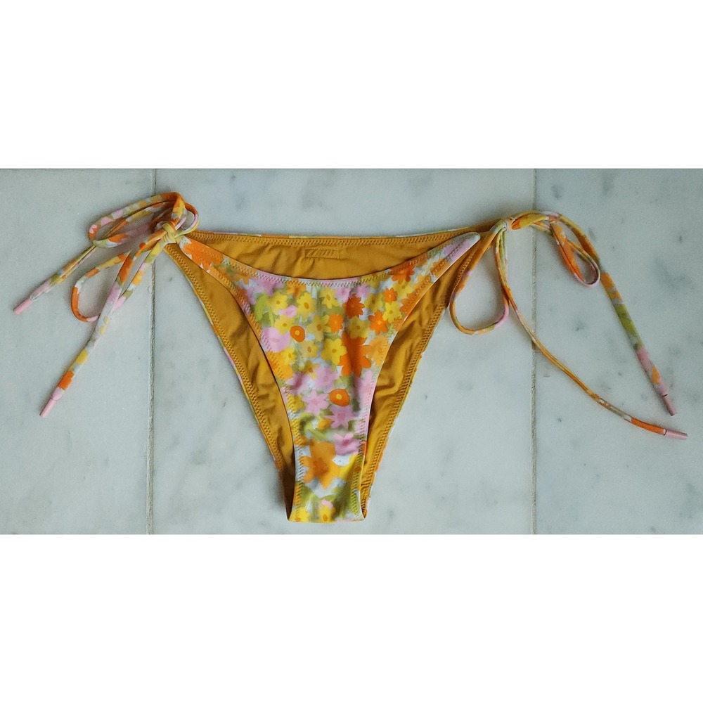 Blackbough Bikini Bottom Womens S Yellow Floral Side Ties Swim Beach Resort Pool